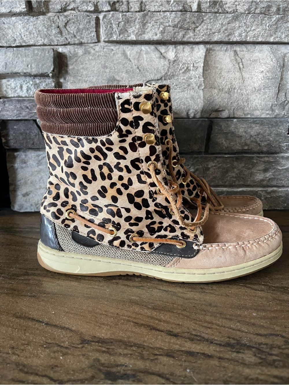 Sperry Leopard Print Lace-Up Ankle Boots in Tan and Brown